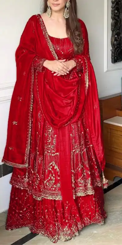 Red Crunchy Silk Lace Embroidery Work Gown | Gowns, Bollywood Gowns, Creative Gowns, Designer Gowns, Embroidered Gowns, Party Wear Gowns