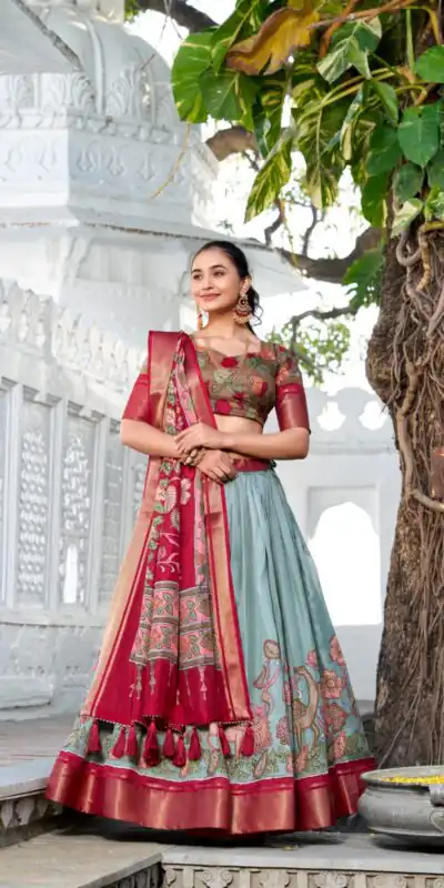 Red Dola Silk Print Zari Border Lehenga Choli | Lehenga, Bollywood Lehenga, Creative Lehenga, Designer Lehenga, Embroidered Lehenga, Party Wear Lehenga