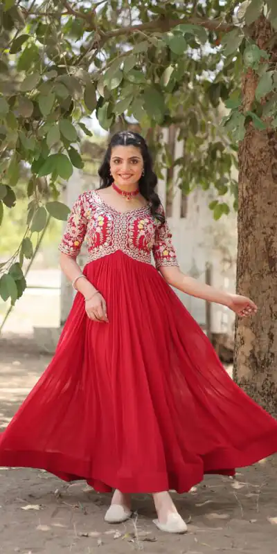 Red Faux Blooming Embroidery Zari Work Gown | Gowns, Bollywood Gowns, Creative Gowns, Designer Gowns, Embroidered Gowns, Party Wear Gowns