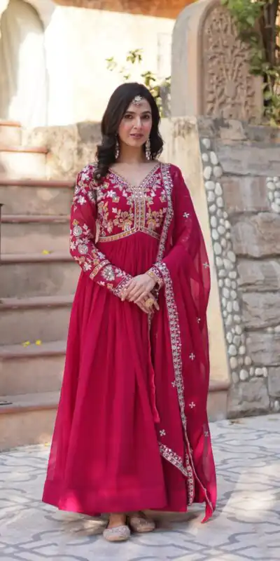 Red Faux Blooming Embroidery Zari Work Gown | Gowns, Bollywood Gowns, Creative Gowns, Designer Gowns, Embroidered Gowns, Party Wear Gowns
