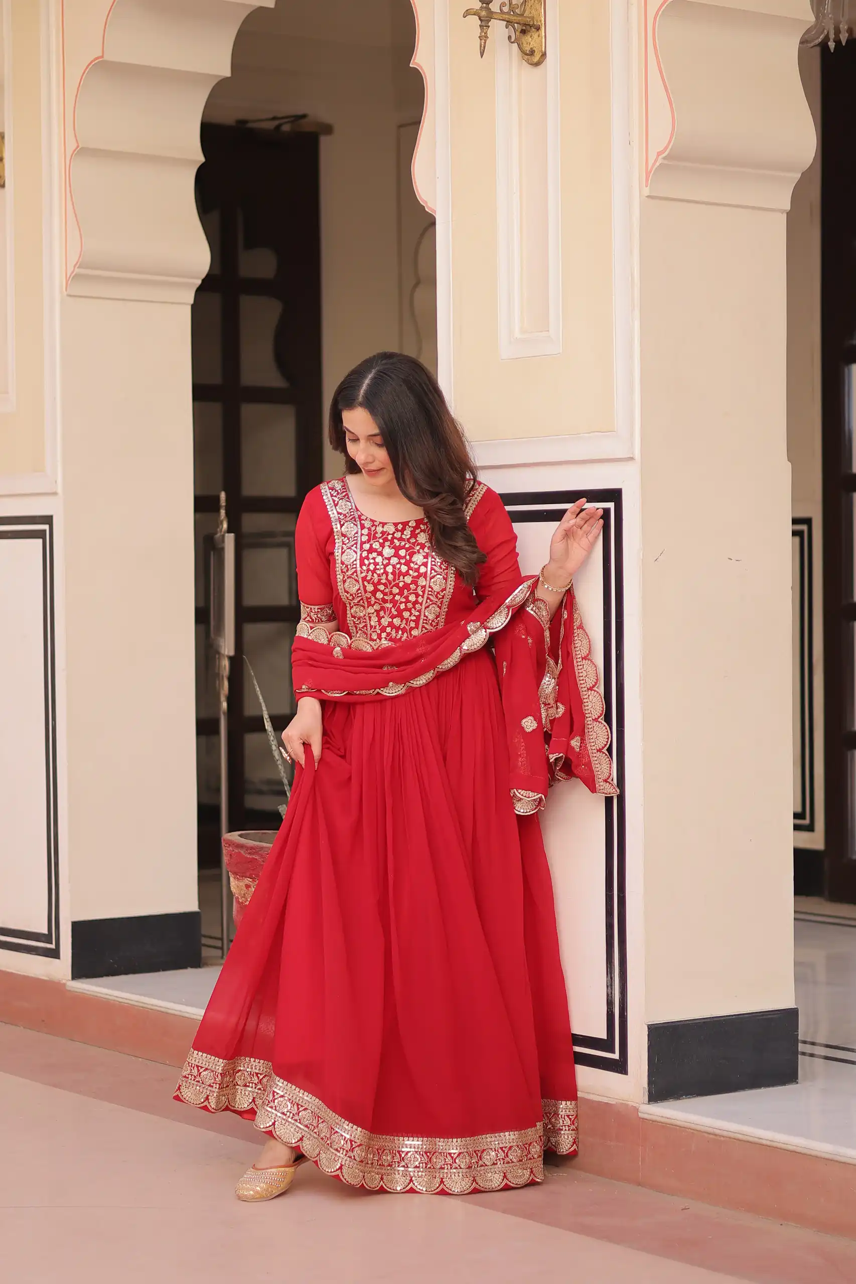 Red Faux Blooming Embroidery Zari Work Gown | Gowns, Bollywood Gowns, Creative Gowns, Designer Gowns, Embroidered Gowns, Party Wear Gowns