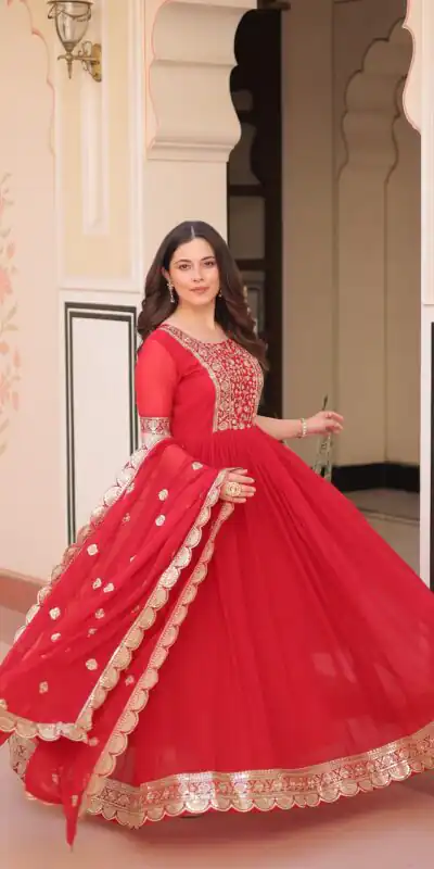 Red Faux Blooming Embroidery Zari Work Gown | Gowns, Bollywood Gowns, Creative Gowns, Designer Gowns, Embroidered Gowns, Party Wear Gowns