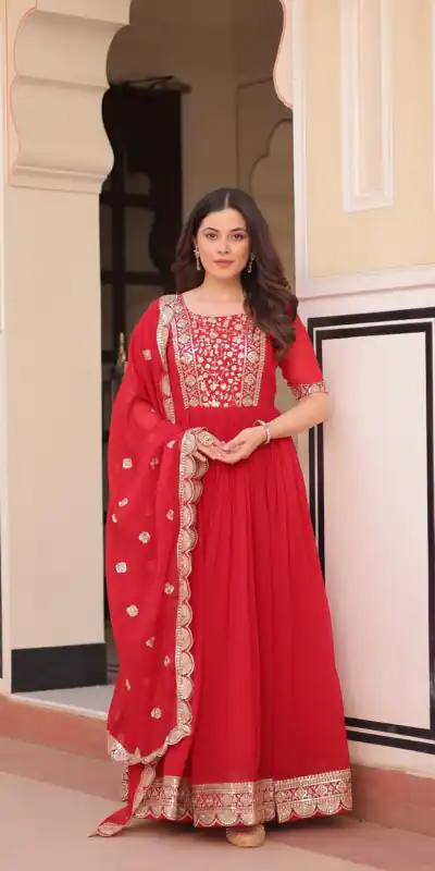 Red Faux Blooming Embroidery Zari Work Gown | Gowns, Bollywood Gowns, Creative Gowns, Designer Gowns, Embroidered Gowns, Party Wear Gowns