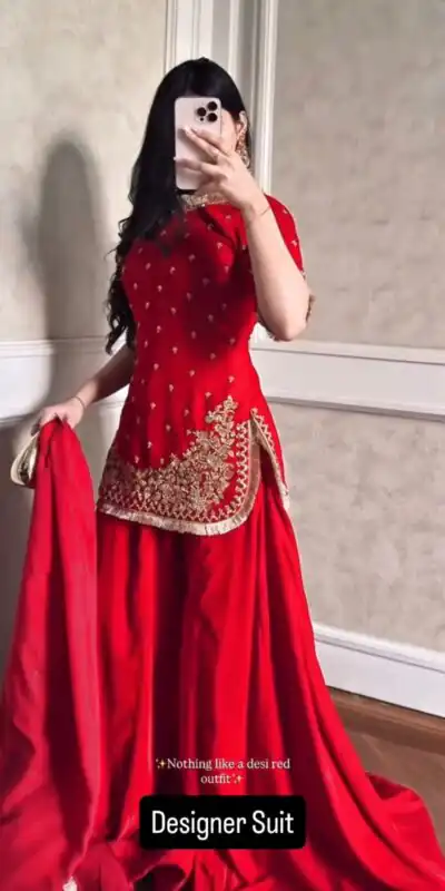 Red Faux Georgette Embroider Work Salwar Suit | Jump Suits, Salwar suit, Casual Suits, Creative suits, Designer Suits, Palazzo Suits, Party Wear Suits, Patiala Suits, Straight Suits