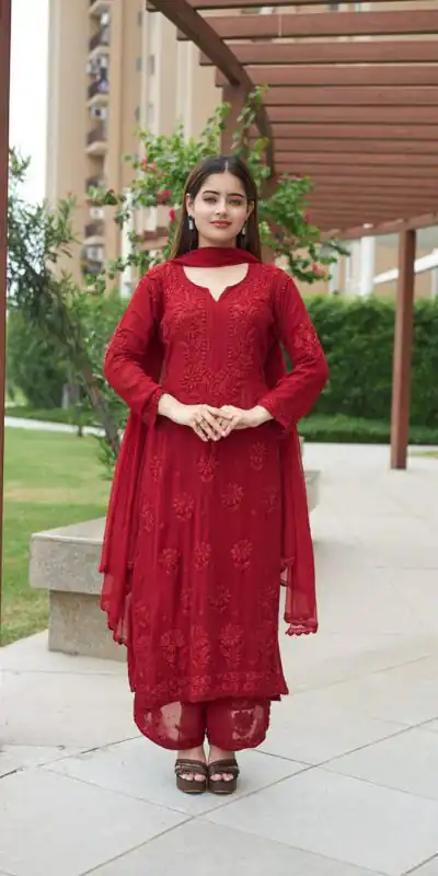 Red Faux Georgette Embroidery Lace Work Salwar Suit | Jump Suits, Salwar suit, Casual Suits, Creative suits, Designer Suits, Palazzo Suits, Party Wear Suits, Patiala Suits, Straight Suits