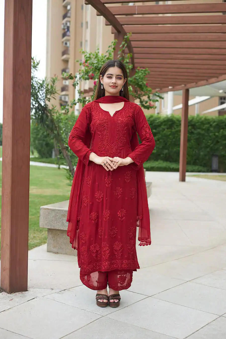 Red Faux Georgette Embroidery Lace Work Salwar Suit | Jump Suits, Salwar suit, Casual Suits, Creative suits, Designer Suits, Palazzo Suits, Party Wear Suits, Patiala Suits, Straight Suits