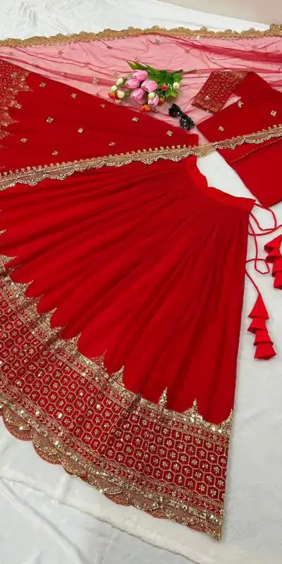 Red Faux Georgette Embroidery Lehenga Choli | Lehenga, Bollywood Lehenga, Creative Lehenga, Designer Lehenga, Embroidered Lehenga, Party Wear Lehenga
