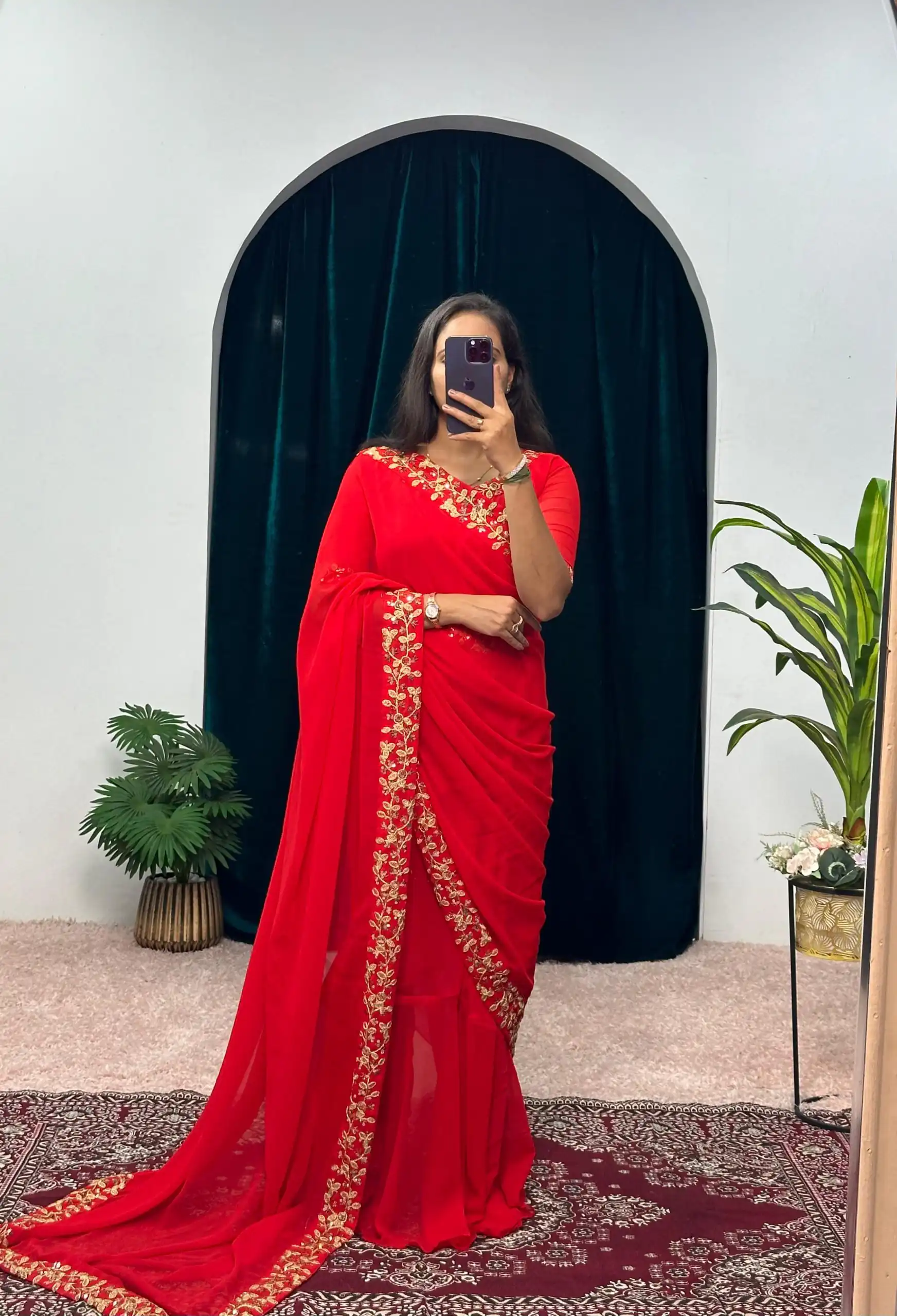 Red Faux Georgette Embroidery Work Border Stitched Saree-Gown | Gowns, Bollywood Gowns, Creative Gowns, Designer Gowns, Embroidered Gowns, Party Wear Gowns, Straight Suits