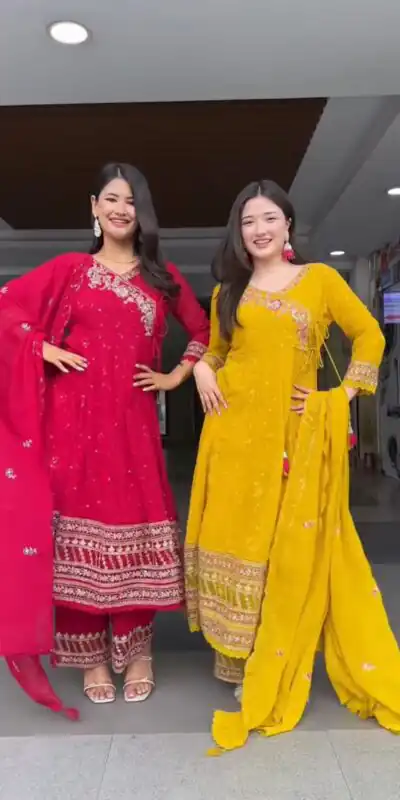 Red Faux Georgette Embroidery Work Salwar Suit | Jump Suits, Tops & Bottoms, Track Suits, Salwar suit, Casual Suits, Creative suits, Designer Suits, Palazzo Suits, Party Wear Suits, Patiala Suits, Straight Suits, Trendy Wear