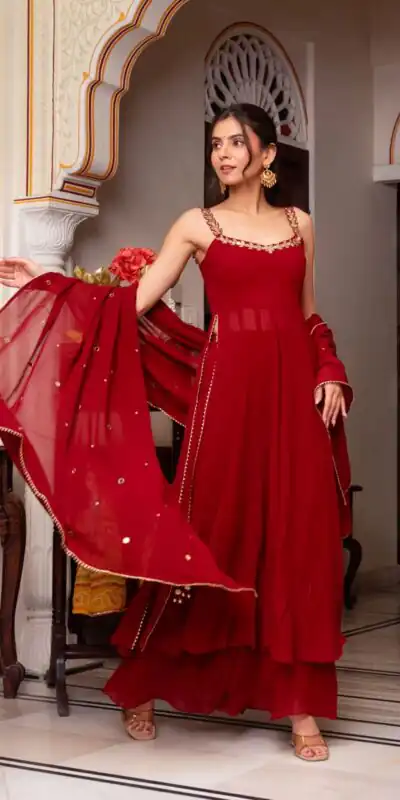 Red Faux Georgette Lace Mirror Work Salwar Suit | Jump Suits, Tops & Bottoms, Track Suits, Salwar suit, Casual Suits, Creative suits, Designer Suits, Palazzo Suits, Party Wear Suits, Patiala Suits, Straight Suits, Trendy Wear