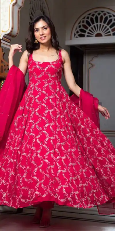 Red Faux Georgette Lace Work Anarkali Suit | Jump Suits, Salwar suit, Casual Suits, Creative suits, Designer Suits, Palazzo Suits, Party Wear Suits, Patiala Suits, Straight Suits