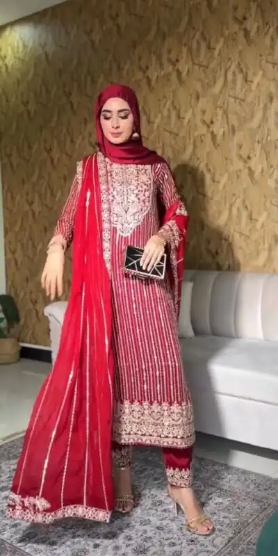 Red Faux Georgette Lace Work Salwar Suit | Jump Suits, Salwar suit, Casual Suits, Creative suits, Designer Suits, Palazzo Suits, Party Wear Suits, Patiala Suits, Straight Suits