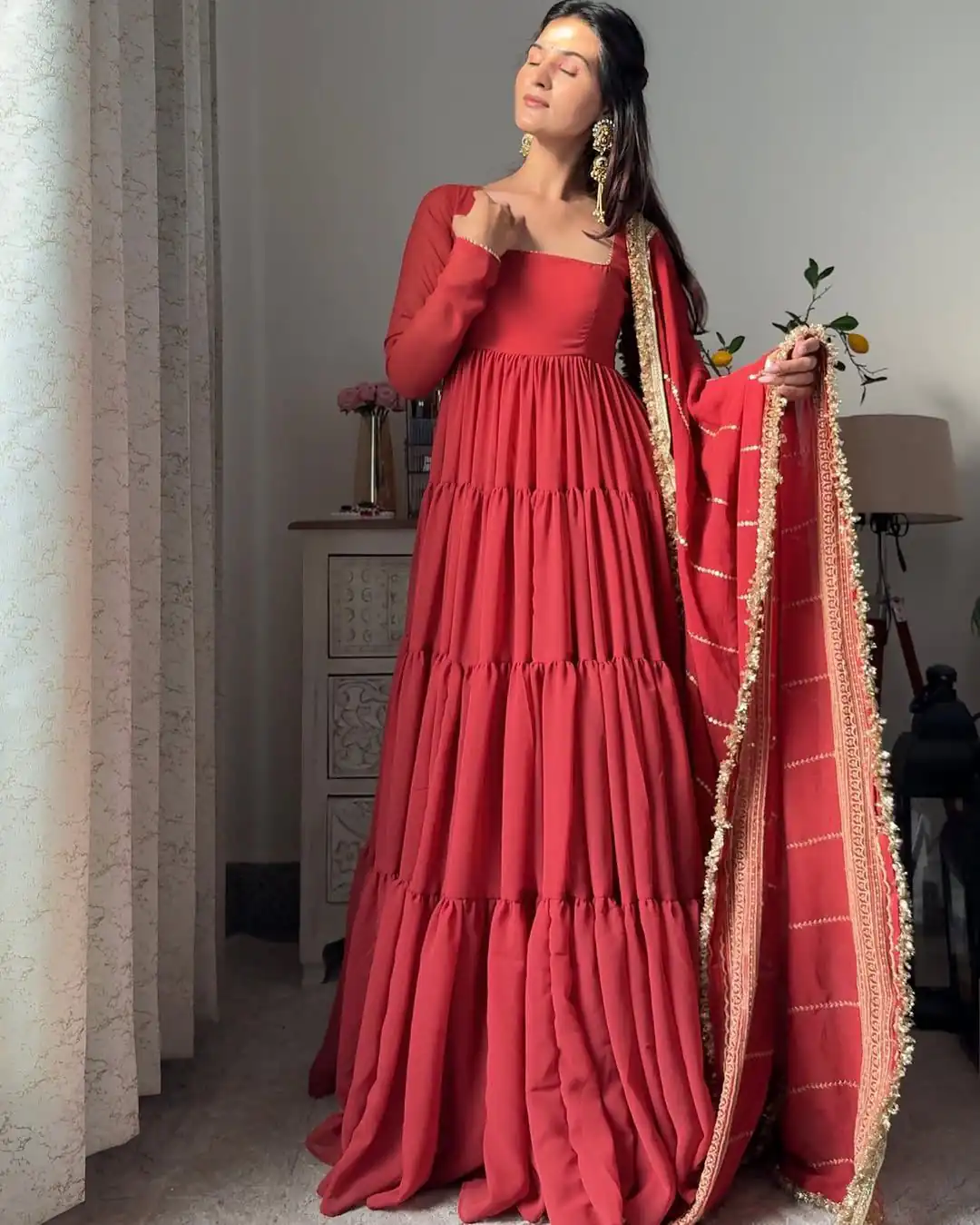 Red Faux Georgette Ruffle Style Gown | Gowns, Bollywood Gowns, Creative Gowns, Designer Gowns, Embroidered Gowns, Party Wear Gowns