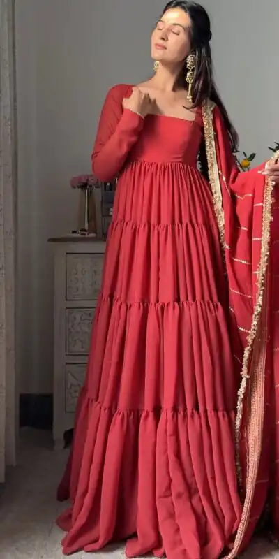 Red Faux Georgette Ruffle Style Gown | Gowns, Bollywood Gowns, Creative Gowns, Designer Gowns, Embroidered Gowns, Party Wear Gowns
