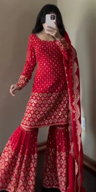 Red Faux Georgette Salwar suit | Jump Suits, Tops & Bottoms, Track Suits, Salwar suit, Casual Suits, Creative suits, Designer Suits, Palazzo Suits, Party Wear Suits, Patiala Suits, Straight Suits, Trendy Wear