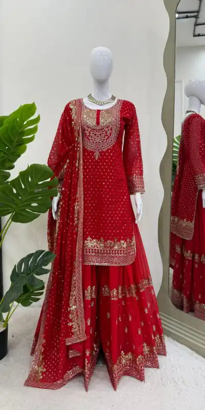 Red Faux Georgette Thread Work Salwar Suit | Jump Suits, Salwar suit, Casual Suits, Creative suits, Designer Suits, Palazzo Suits, Party Wear Suits, Patiala Suits, Straight Suits