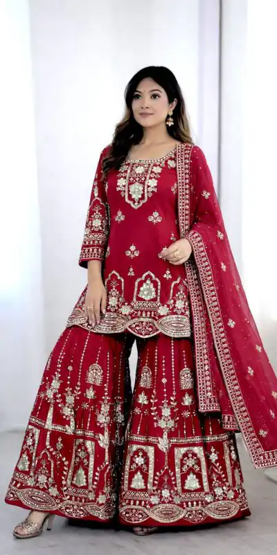 Red Faux Georgette With 5 mm Sequence Work Salwar Suit | Jump Suits, Salwar suit, Casual Suits, Creative suits, Designer Suits, Palazzo Suits, Party Wear Suits, Patiala Suits, Straight Suits