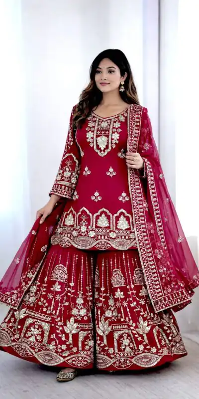 Red Faux Georgette With 5 mm Sequence Work Salwar Suit | Jump Suits, Salwar suit, Casual Suits, Creative suits, Designer Suits, Palazzo Suits, Party Wear Suits, Patiala Suits, Straight Suits