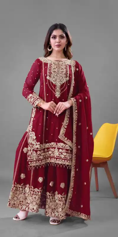 Red Faux Georgette With Embroidery Salwar Suit | Jump Suits, Salwar suit, Casual Suits, Creative suits, Designer Suits, Palazzo Suits, Party Wear Suits, Patiala Suits, Straight Suits