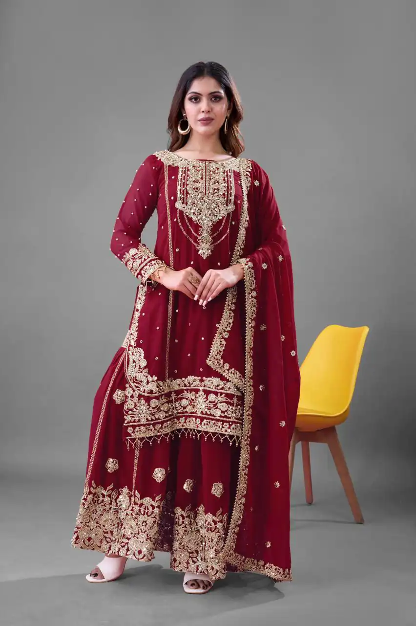 Red Faux Georgette With Embroidery Salwar Suit | Jump Suits, Salwar suit, Casual Suits, Creative suits, Designer Suits, Palazzo Suits, Party Wear Suits, Patiala Suits, Straight Suits