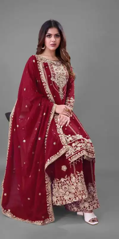 Red Faux Georgette With Embroidery Salwar Suit | Jump Suits, Salwar suit, Casual Suits, Creative suits, Designer Suits, Palazzo Suits, Party Wear Suits, Patiala Suits, Straight Suits