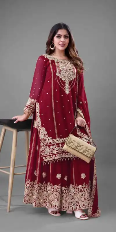 Red Faux Georgette With Embroidery Salwar Suit | Jump Suits, Salwar suit, Casual Suits, Creative suits, Designer Suits, Palazzo Suits, Party Wear Suits, Patiala Suits, Straight Suits