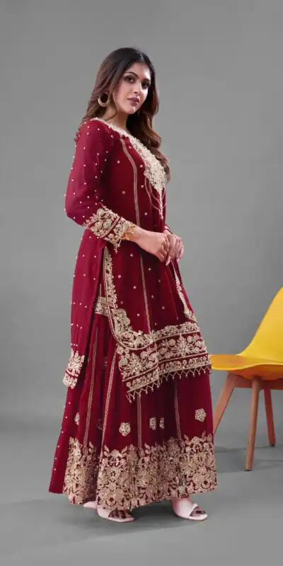 Red Faux Georgette With Embroidery Salwar Suit | Jump Suits, Salwar suit, Casual Suits, Creative suits, Designer Suits, Palazzo Suits, Party Wear Suits, Patiala Suits, Straight Suits