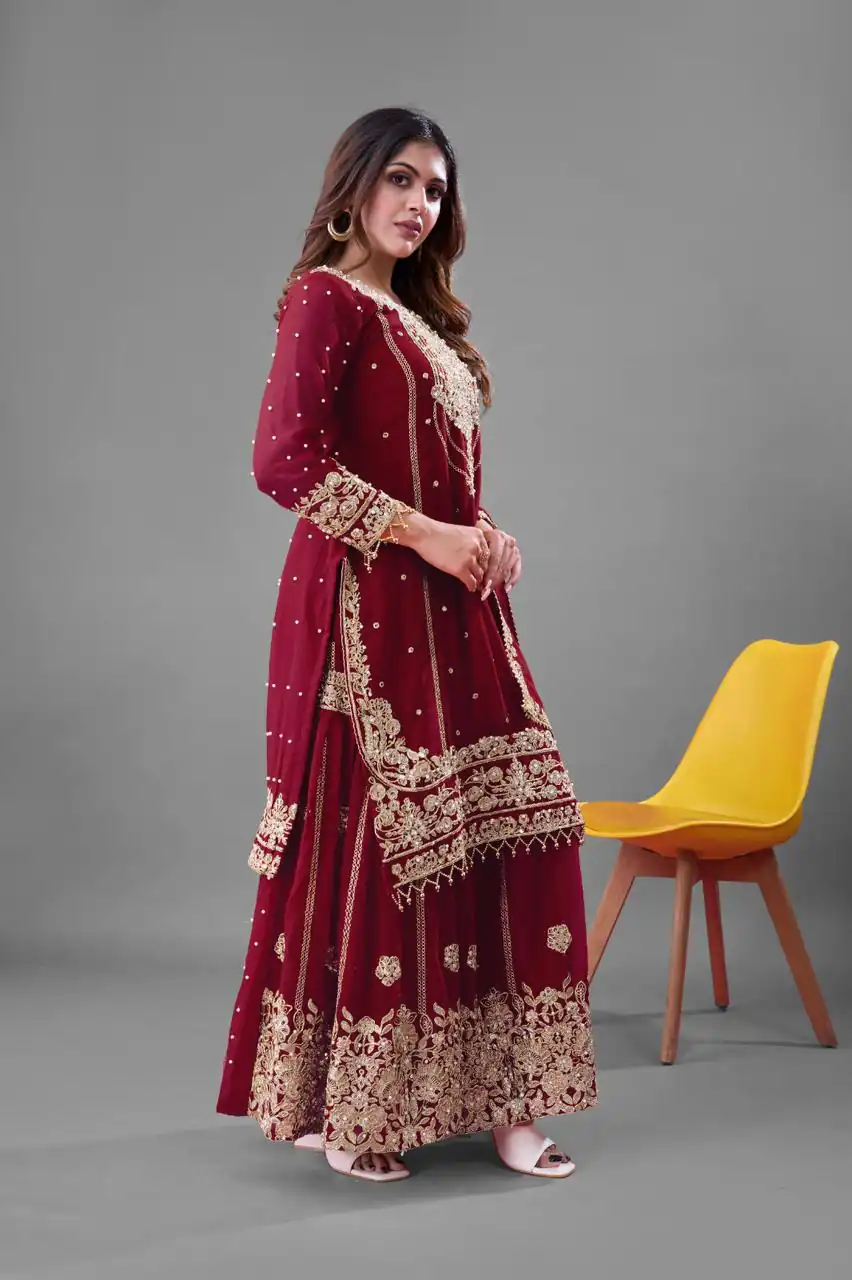 Red Faux Georgette With Embroidery Salwar Suit | Jump Suits, Salwar suit, Casual Suits, Creative suits, Designer Suits, Palazzo Suits, Party Wear Suits, Patiala Suits, Straight Suits