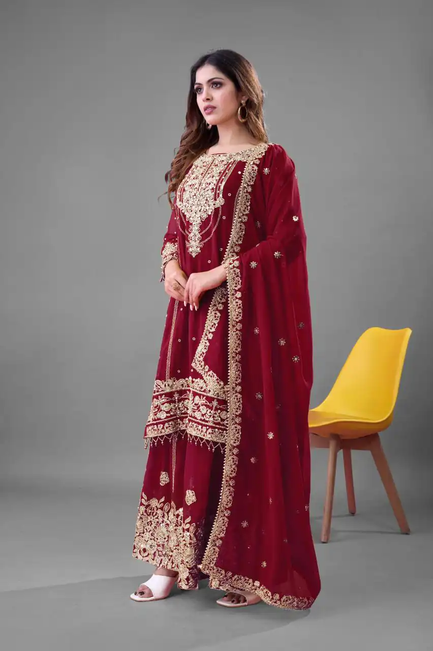 Red Faux Georgette With Embroidery Salwar Suit | Jump Suits, Salwar suit, Casual Suits, Creative suits, Designer Suits, Palazzo Suits, Party Wear Suits, Patiala Suits, Straight Suits