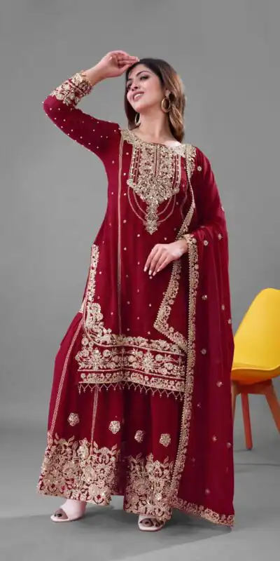 Red Faux Georgette With Embroidery Salwar Suit | Jump Suits, Salwar suit, Casual Suits, Creative suits, Designer Suits, Palazzo Suits, Party Wear Suits, Patiala Suits, Straight Suits