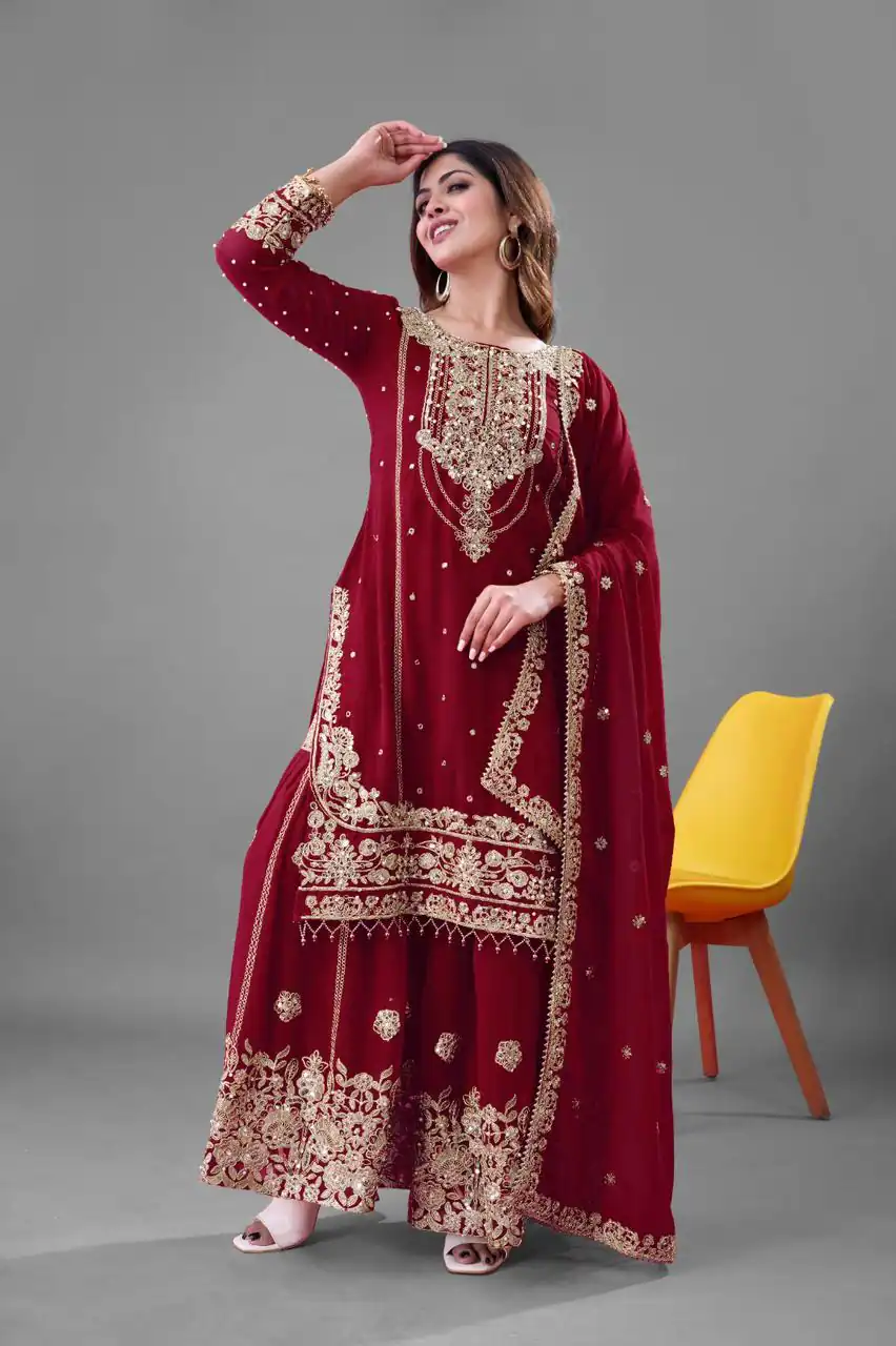 Red Faux Georgette With Embroidery Salwar Suit | Jump Suits, Salwar suit, Casual Suits, Creative suits, Designer Suits, Palazzo Suits, Party Wear Suits, Patiala Suits, Straight Suits