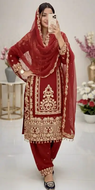 Red Faux Georgette With Embroidery Work Salwar Suit | Jump Suits, Tops & Bottoms, Track Suits, Salwar suit, Casual Suits, Creative suits, Designer Suits, Palazzo Suits, Party Wear Suits, Patiala Suits, Straight Suits, Trendy Wear