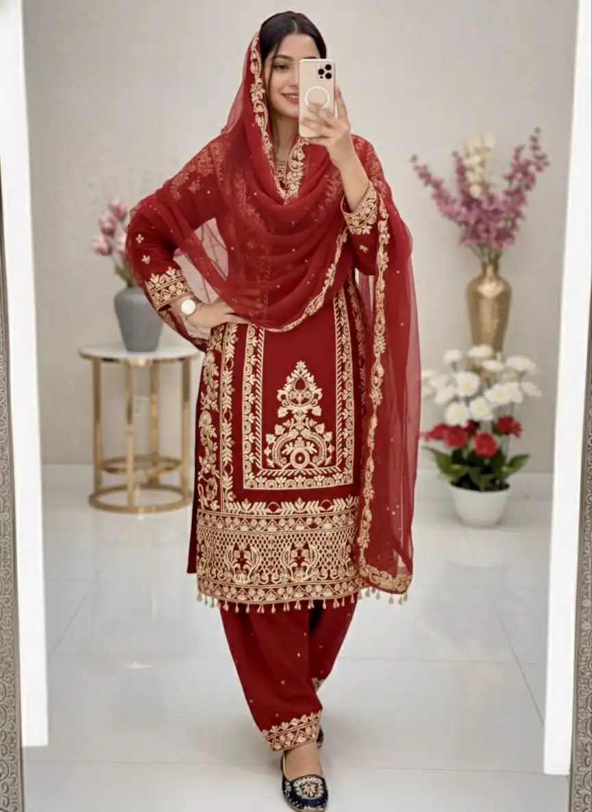 Red Faux Georgette With Embroidery Work Salwar Suit | Jump Suits, Tops & Bottoms, Track Suits, Salwar suit, Casual Suits, Creative suits, Designer Suits, Palazzo Suits, Party Wear Suits, Patiala Suits, Straight Suits, Trendy Wear