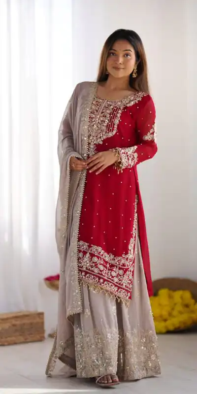 Red Faux Georgette With Moti Work Salwar Suit | Jump Suits, Salwar suit, Casual Suits, Creative suits, Designer Suits, Palazzo Suits, Party Wear Suits, Patiala Suits, Straight Suits