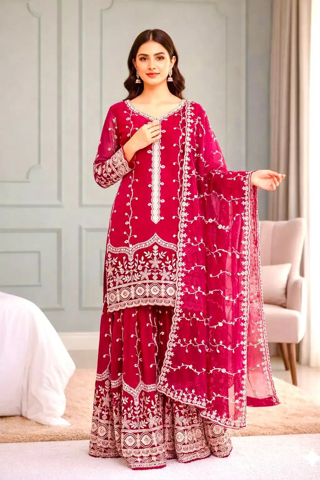 Red Fendy Silk Embroidery Work Salwar Suit | Jump Suits, Salwar suit, Casual Suits, Creative suits, Designer Suits, Palazzo Suits, Party Wear Suits, Patiala Suits, Straight Suits