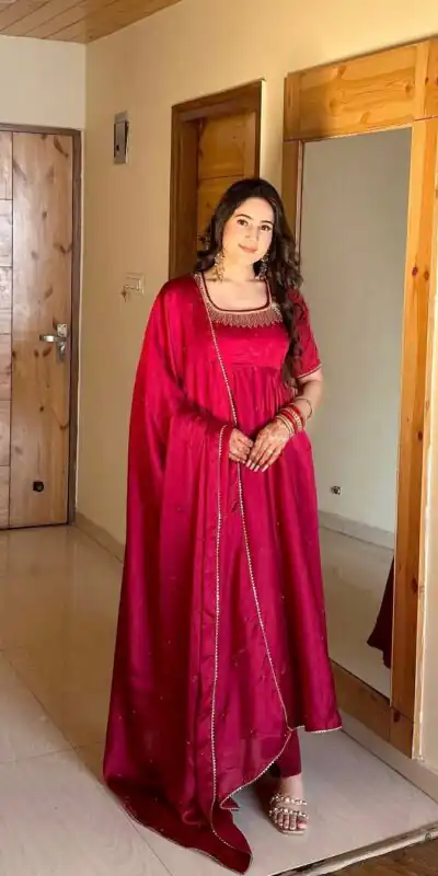 Red Fendy Silk Lace Border Work Gown | Gowns, Bollywood Gowns, Creative Gowns, Designer Gowns, Embroidered Gowns, Party Wear Gowns