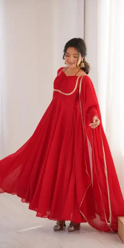 Red Fox Blooming Georgette Lace Work Gown | Gowns, Bollywood Gowns, Creative Gowns, Designer Gowns, Embroidered Gowns, Party Wear Gowns