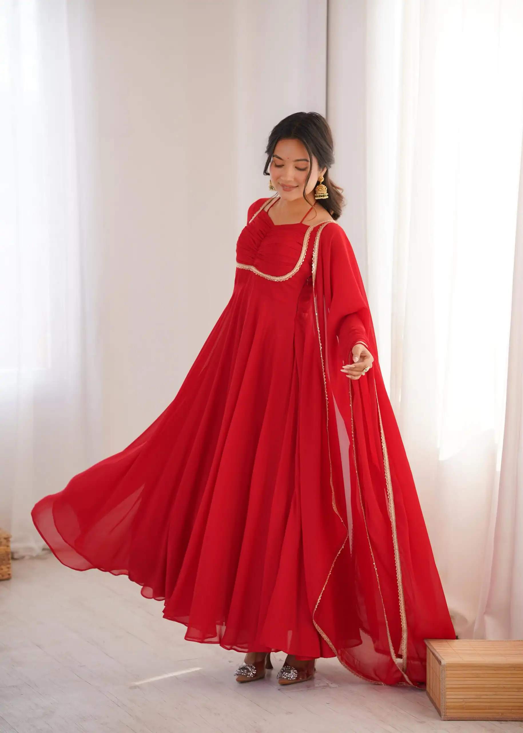 Red Fox Blooming Georgette Lace Work Gown | Gowns, Bollywood Gowns, Creative Gowns, Designer Gowns, Embroidered Gowns, Party Wear Gowns