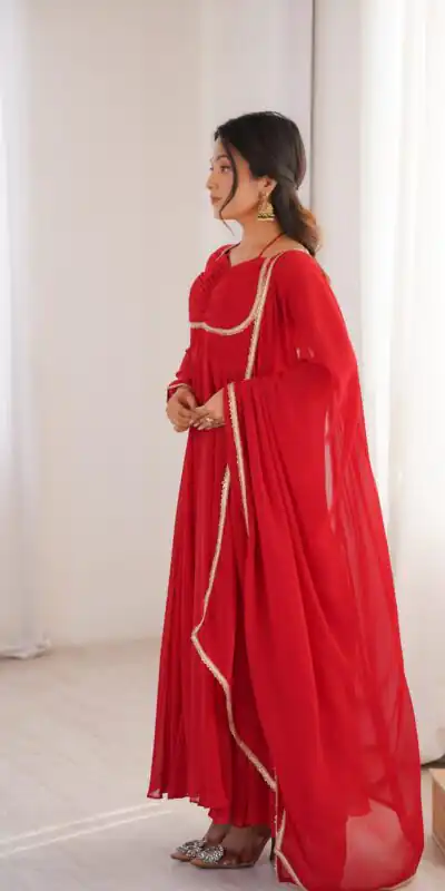 Red Fox Blooming Georgette Lace Work Gown | Gowns, Bollywood Gowns, Creative Gowns, Designer Gowns, Embroidered Gowns, Party Wear Gowns