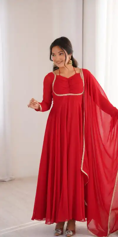 Red Fox Blooming Georgette Lace Work Gown | Gowns, Bollywood Gowns, Creative Gowns, Designer Gowns, Embroidered Gowns, Party Wear Gowns
