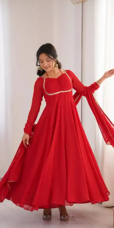 Red Fox Blooming Georgette Lace Work Gown | Gowns, Bollywood Gowns, Creative Gowns, Designer Gowns, Embroidered Gowns, Party Wear Gowns