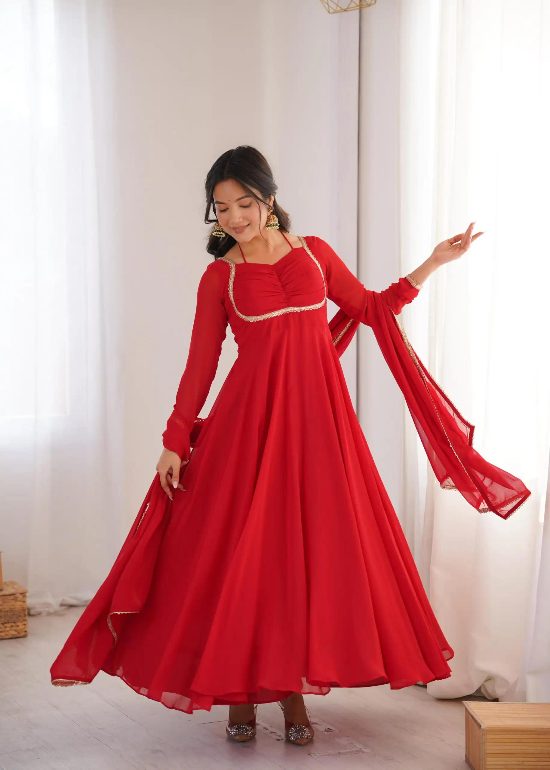 Red Fox Blooming Georgette Lace Work Gown | Gowns, Bollywood Gowns, Creative Gowns, Designer Gowns, Embroidered Gowns, Party Wear Gowns