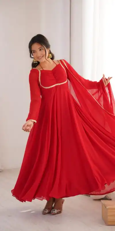 Red Fox Blooming Georgette Lace Work Gown | Gowns, Bollywood Gowns, Creative Gowns, Designer Gowns, Embroidered Gowns, Party Wear Gowns
