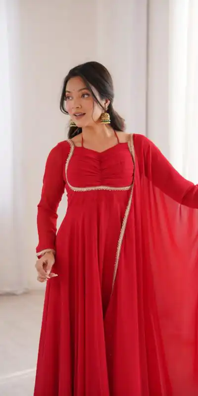 Red Fox Blooming Georgette Lace Work Gown | Gowns, Bollywood Gowns, Creative Gowns, Designer Gowns, Embroidered Gowns, Party Wear Gowns