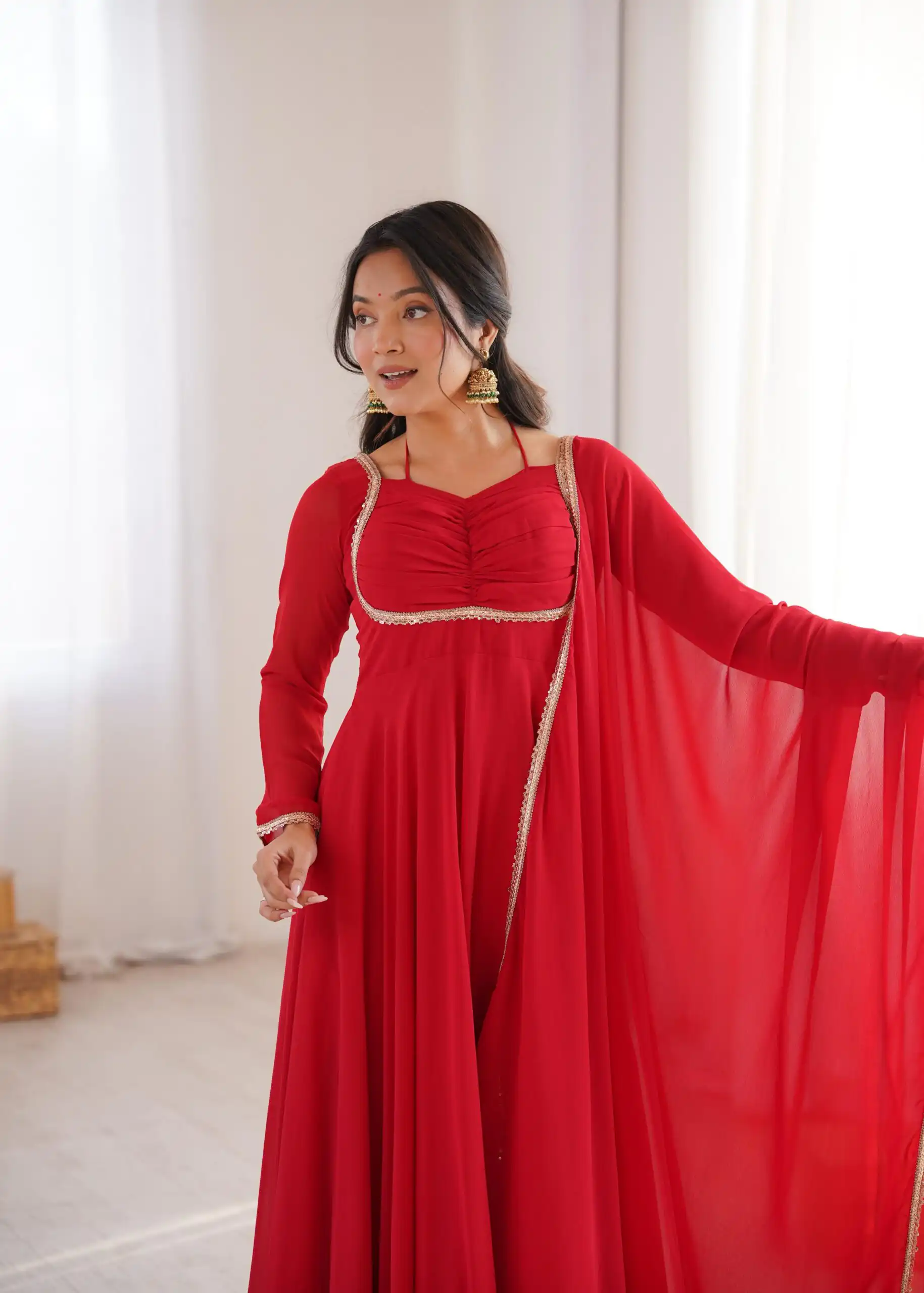 Red Fox Blooming Georgette Lace Work Gown | Gowns, Bollywood Gowns, Creative Gowns, Designer Gowns, Embroidered Gowns, Party Wear Gowns