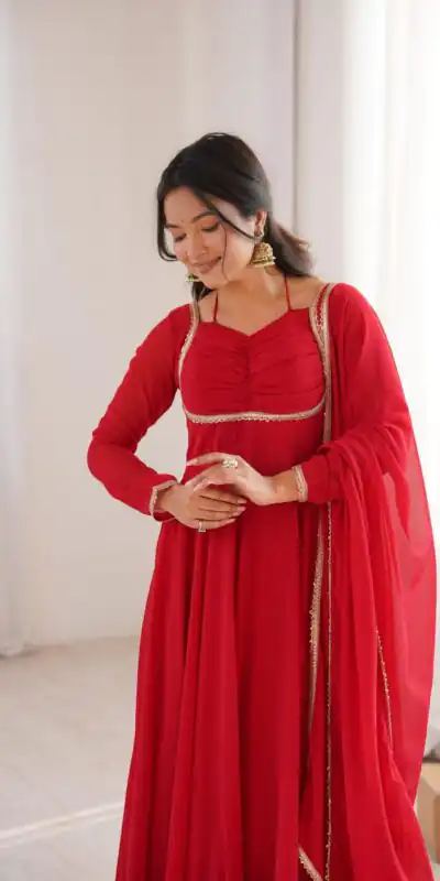 Red Fox Blooming Georgette Lace Work Gown | Gowns, Bollywood Gowns, Creative Gowns, Designer Gowns, Embroidered Gowns, Party Wear Gowns