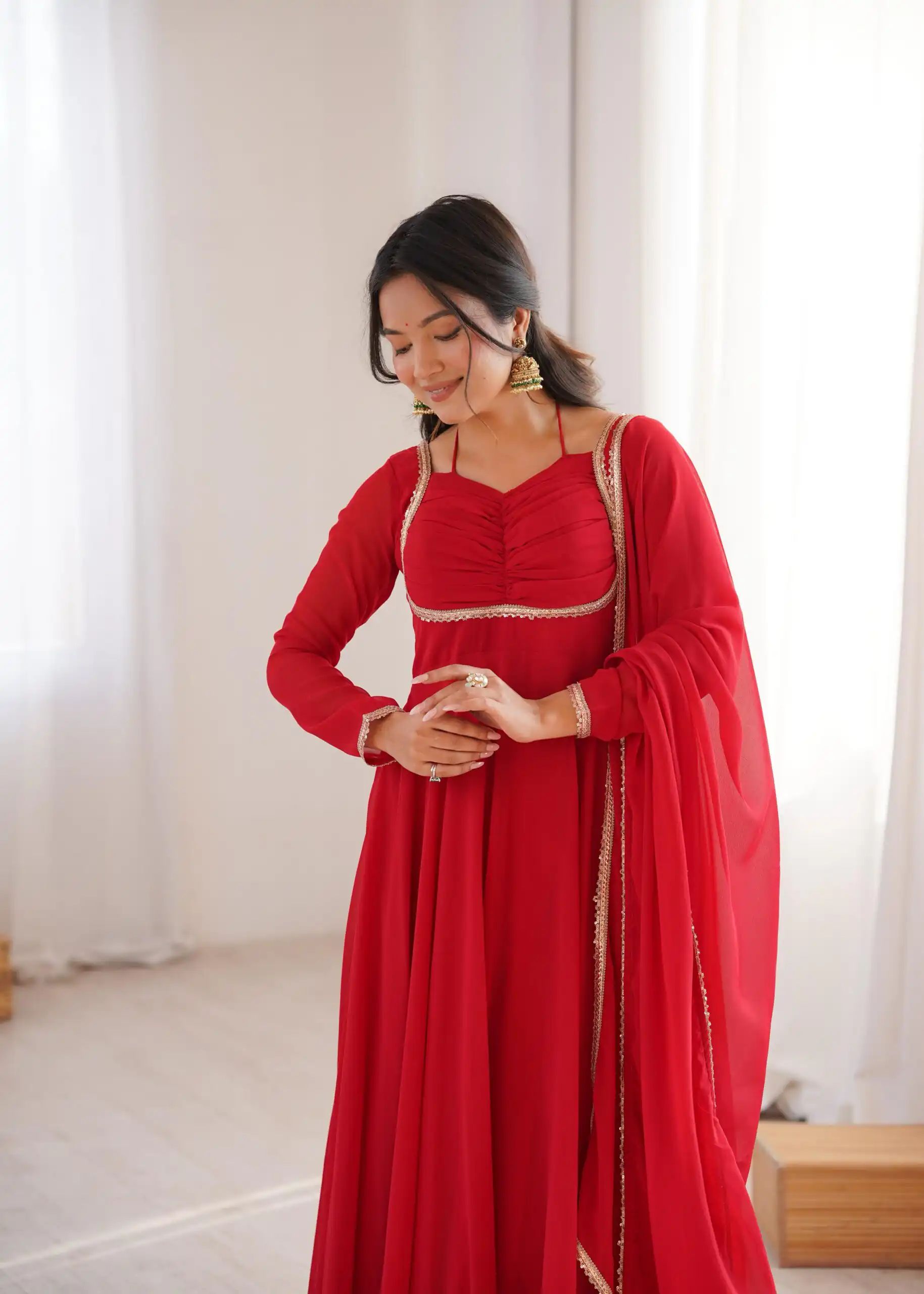 Red Fox Blooming Georgette Lace Work Gown | Gowns, Bollywood Gowns, Creative Gowns, Designer Gowns, Embroidered Gowns, Party Wear Gowns