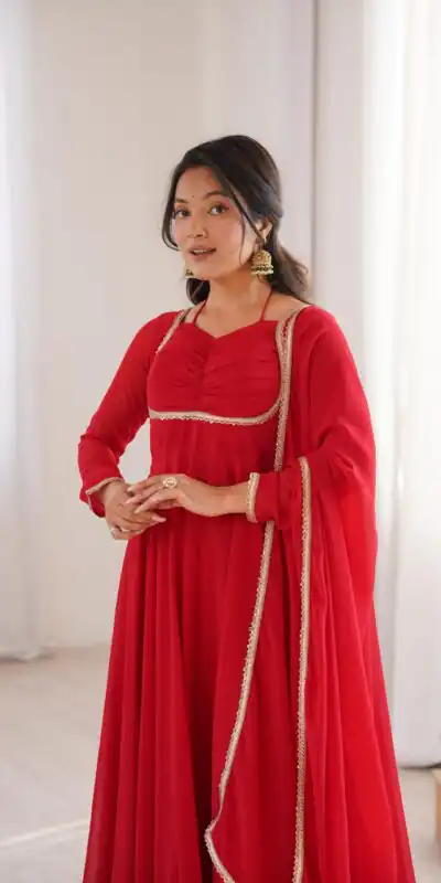 Red Fox Blooming Georgette Lace Work Gown | Gowns, Bollywood Gowns, Creative Gowns, Designer Gowns, Embroidered Gowns, Party Wear Gowns