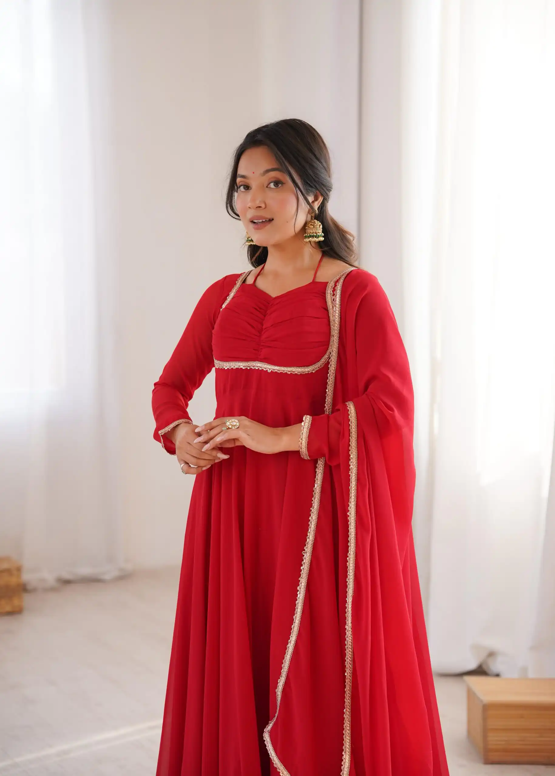Red Fox Blooming Georgette Lace Work Gown | Gowns, Bollywood Gowns, Creative Gowns, Designer Gowns, Embroidered Gowns, Party Wear Gowns