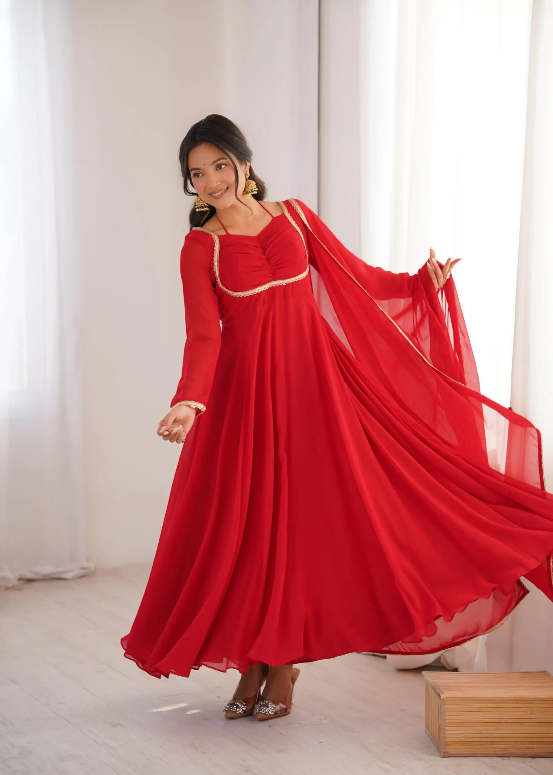 Red Fox Blooming Georgette Lace Work Gown | Gowns, Bollywood Gowns, Creative Gowns, Designer Gowns, Embroidered Gowns, Party Wear Gowns